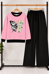 Pink Butterfly & Daisy Printed Sweatshirt with Black Trouser Set