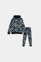 Boys Tie-Dye Checkerboard Zip Hoodie & Jogger Set – Black & Mint