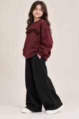 Girls Maroon POPPER Printed Sweatshirt & Black Wide-Leg Trouser Set